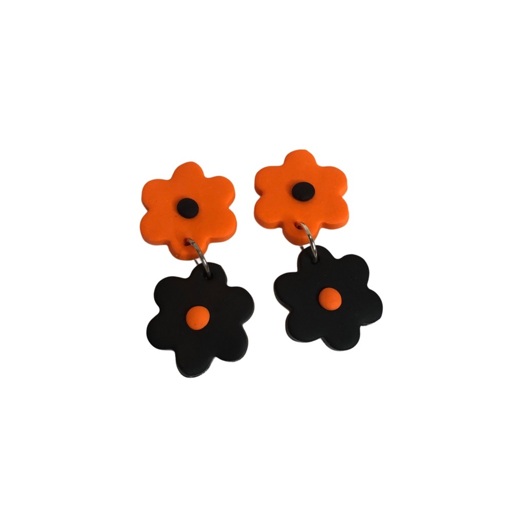Orange and black flower dangles retro flower